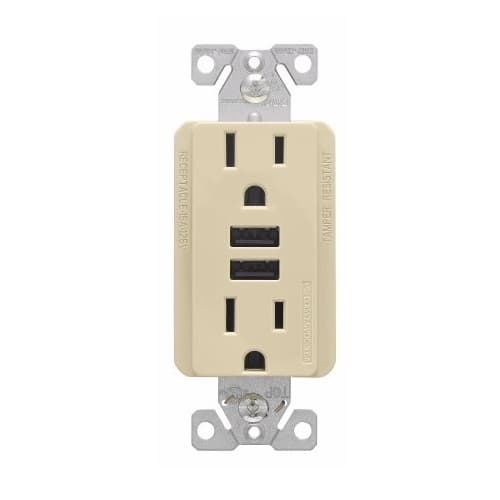 Eaton Wiring 15 Amp TR Duplex Receptacle, 3.6 Amp Dual USB, 5-15R, 125V, Ivory