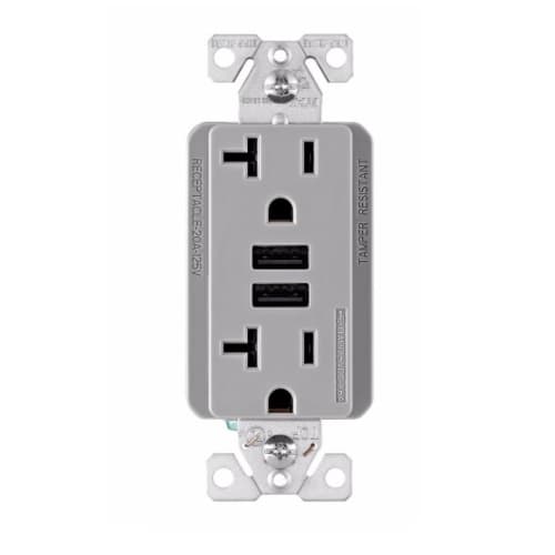 Eaton Wiring 20A Duplex Receptacle w/ 3.6A Dual USB, TR, 125V, Gray