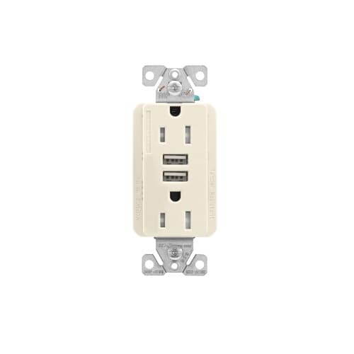 Eaton Wiring 15 Amp Duplex Receptacle w/USB Charger, Tamper Resistant, Light Almond