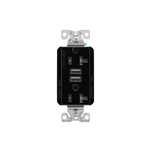 Eaton Wiring 20 Amp Duplex Receptacle w/USB Charger, Tamper Resistant, Black