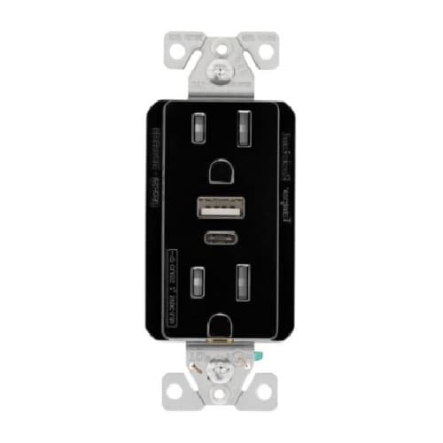 Eaton Wiring 15A TR Decora 5A USB Port/Duplex Receptacle, Type A & C, 2P3W, 125V, BLK