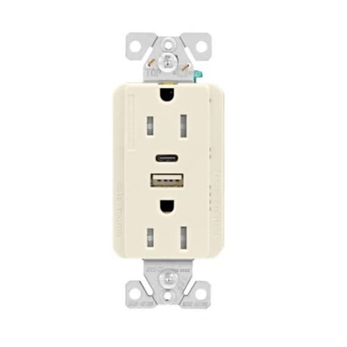 Eaton Wiring 15A TR Duplex Receptacle w/ USB A & C, 5-15R, 125V, Light Almond