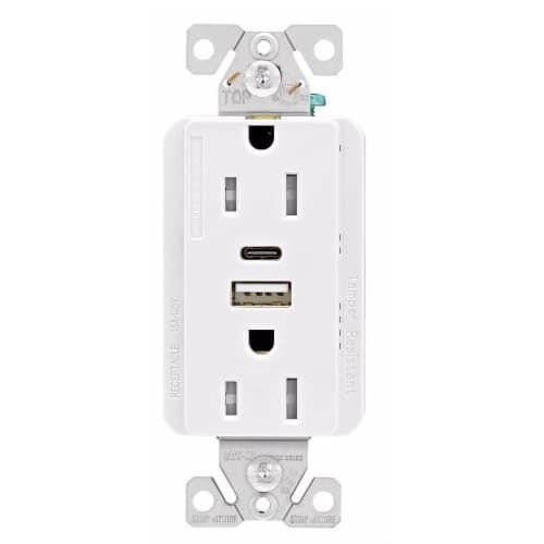 Eaton Wiring 15 Amp TR Duplex Receptacle, 5.0 Amp USB A & C, 5-15R, 125V, White