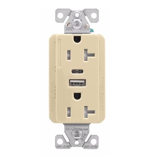 Eaton Wiring 20 Amp TR Duplex Receptacle, 5.0 Amp USB A & C, 5-20R, 125V, Ivory