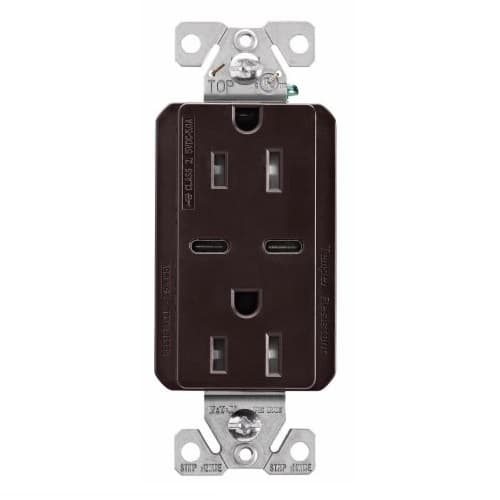 Eaton Wiring 15 Amp TR Duplex Receptacle, 5.0 Amp Dual USB C, 5-15R, 125V, Brown