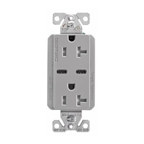 Eaton Wiring 20 Amp TR Duplex Receptacle, 5.0 Amp Dual USB C, 5-20R, 125V, Gray