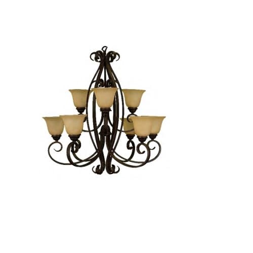 HomEnhancements 60W El Paso Chandelier, 9-Light, Tea Stain Glass, Oil Rubbed Bronze