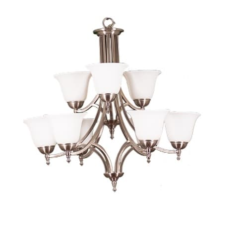 HomEnhancements 60W Dallas Chandelier, 9-Light, White Bell Shade, Brushed Nickel