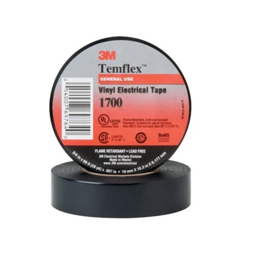 3M 3/4 Inch x 60' Long Temflex Friction Tape, 13 mil, Black