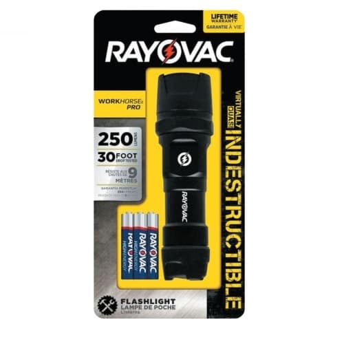 Ray-O-Vac LED Indestructible Flashlight, 20-250 lumens, Black