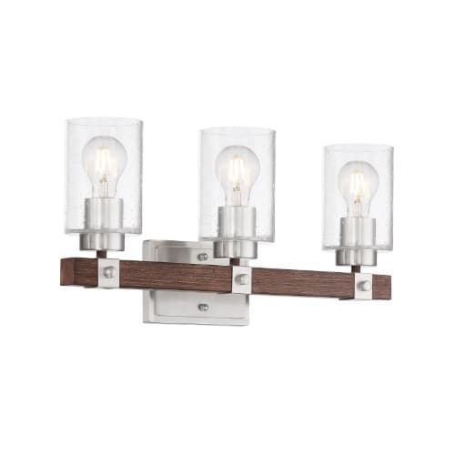 Nuvo 60W Arabel Series Vanity Light w/ Seeded Glass, 3 Lights, Brushed Nickel & Nutmeg Wood