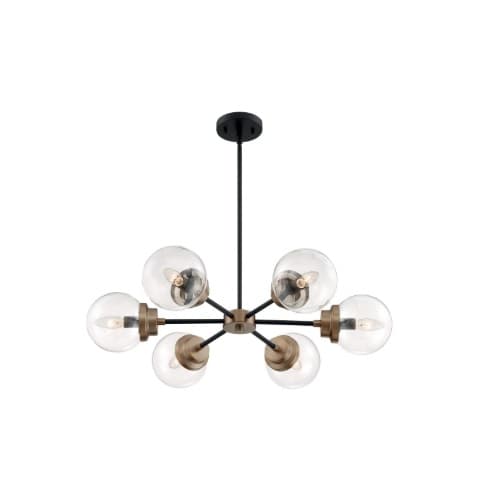 Nuvo 60W Axis Series Chandelier w/ Clear Glass, 6 Lights, Matte Black & Brass