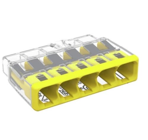 Wago Compact Splicing Connector, 5-Conductor, Yellow, Pack of 2500
